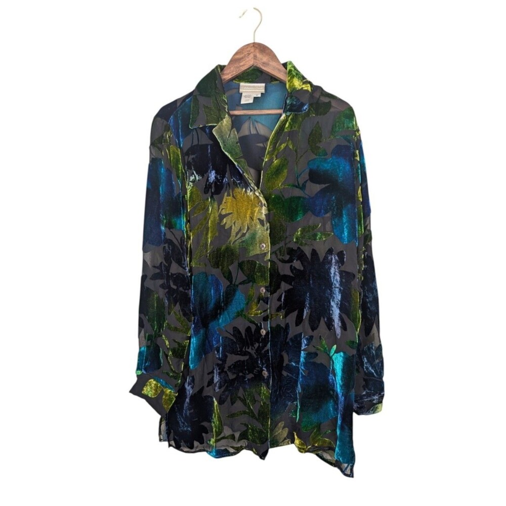 Coldwater Creek Rayon Silk Floral Burnout Velvet Button Blouse Top - M